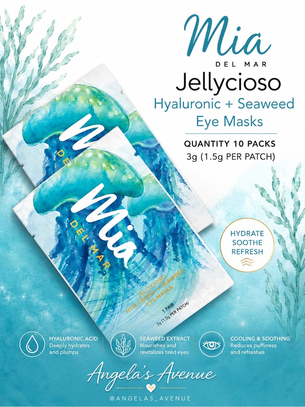 MIA Del Mar Jellycioso Hyaluronic + Seaweed Eye Masks QUANTITY 10 PACKS 3g EACH